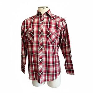 Wrangler Western Shirt Mens L‎ Plaid Red Black White Long Sleeve Cowboy Rodeo